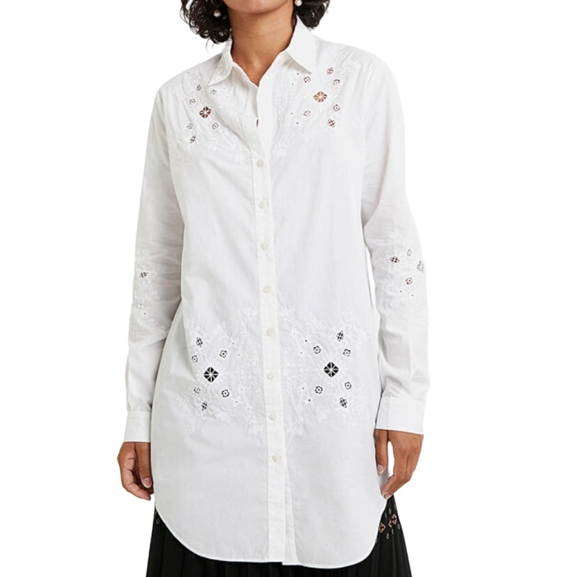 Desigual S White Garona Oversized Button Front Shirt Embroidered Detail *Flaw